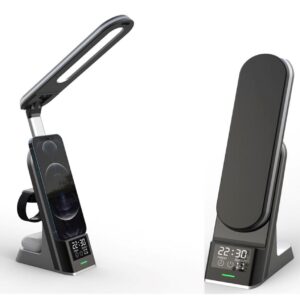 transformers, porta smartphone da tavolo e comodino, con ricarica wireless per smartphone, smartwatch e auricolari luce led con 3 intensità, orologio digitale e allarme by masitalia